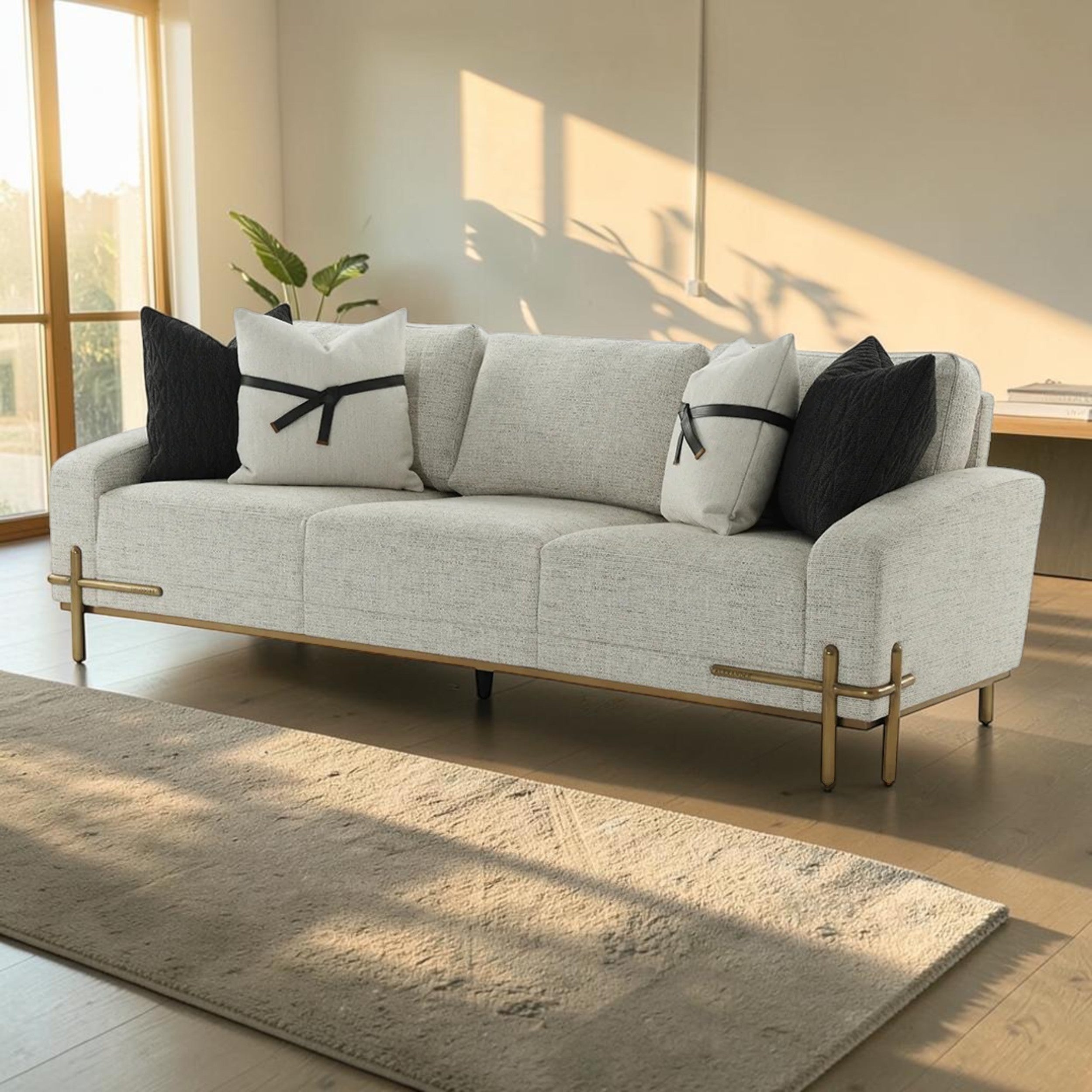 Modern Upholstered, Living Room Sofa with Bronze Metal Accents