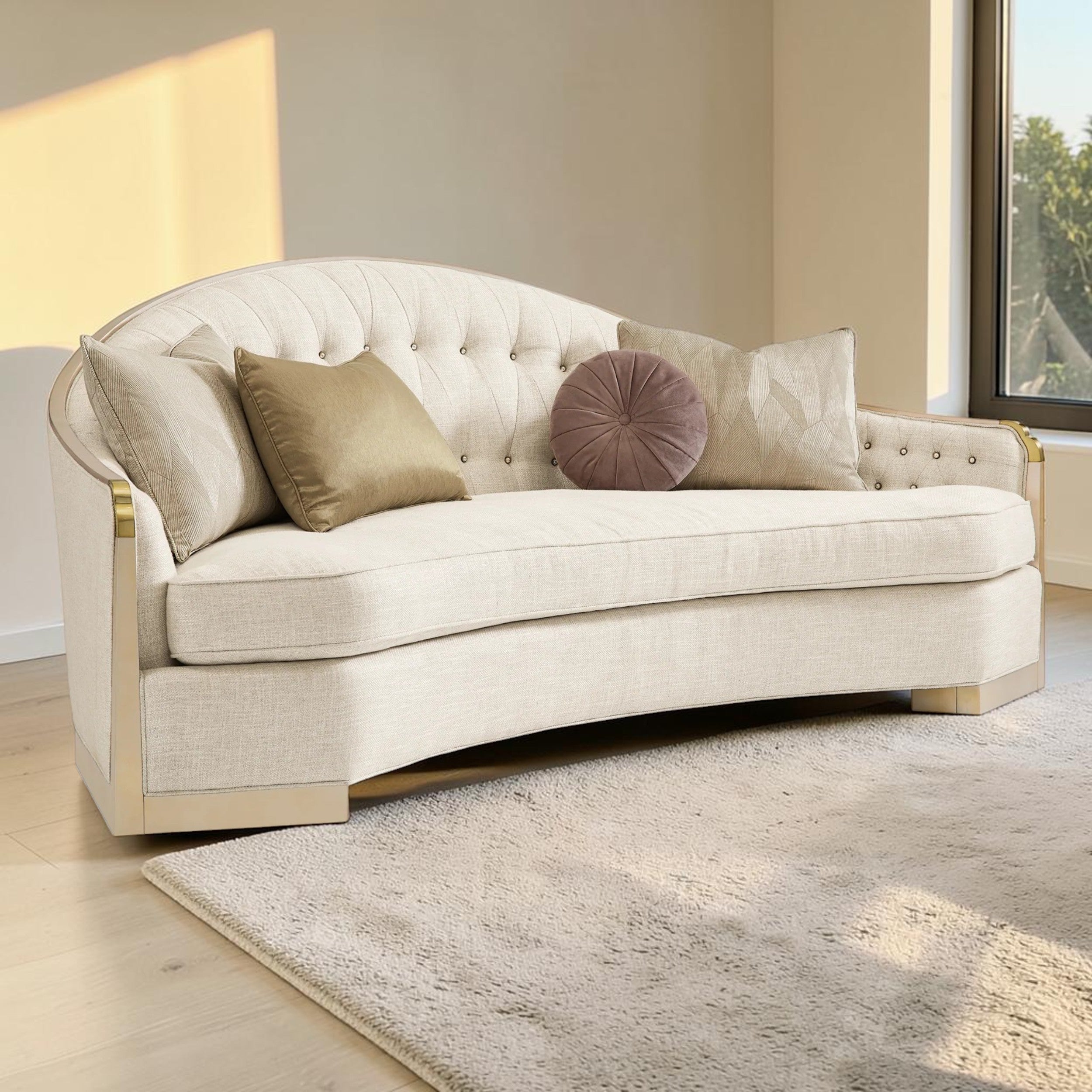Curved Linen, Living Room Sofa with Tufted Backrest