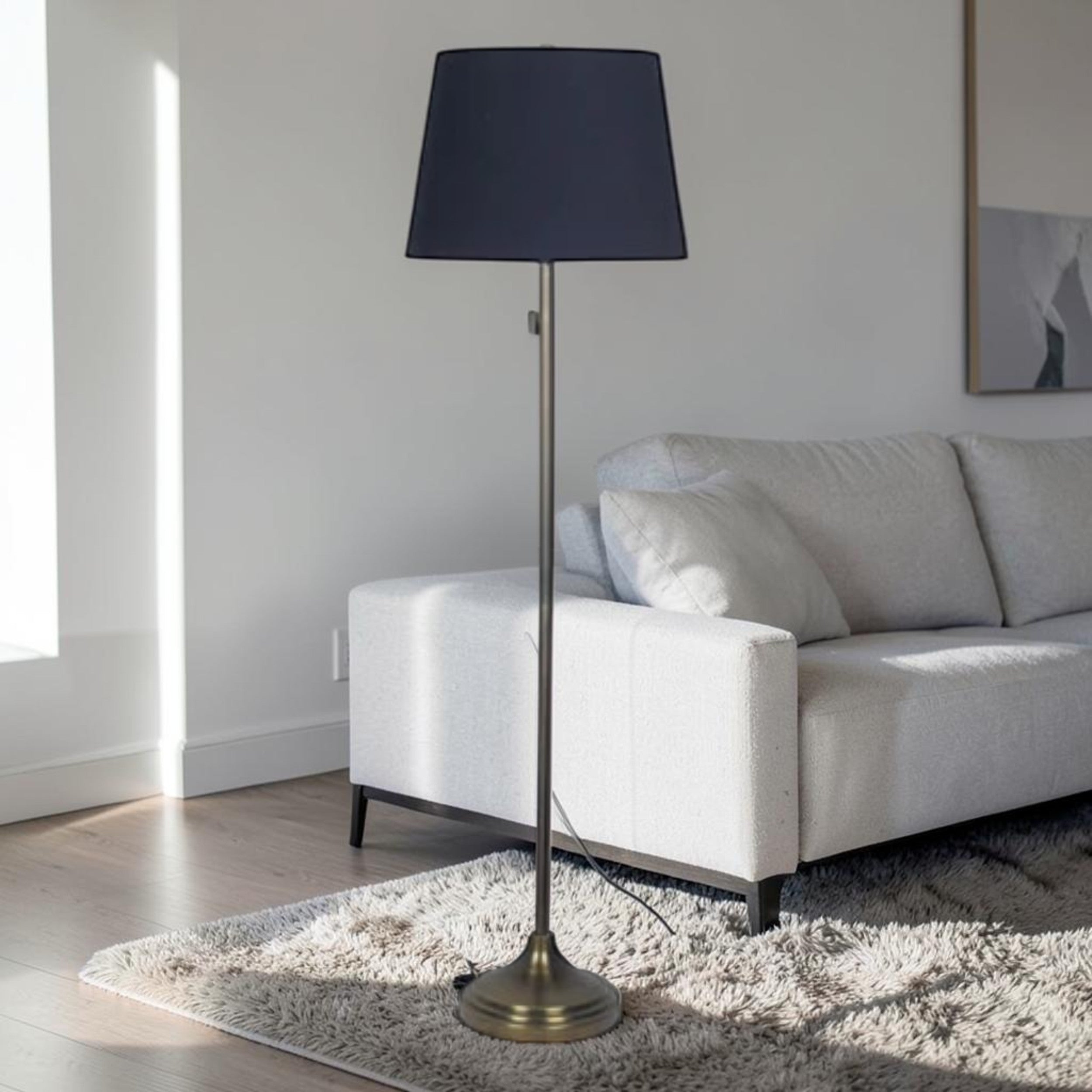 Modern Black Shade, Floor Lamp with Antique Brass Finish