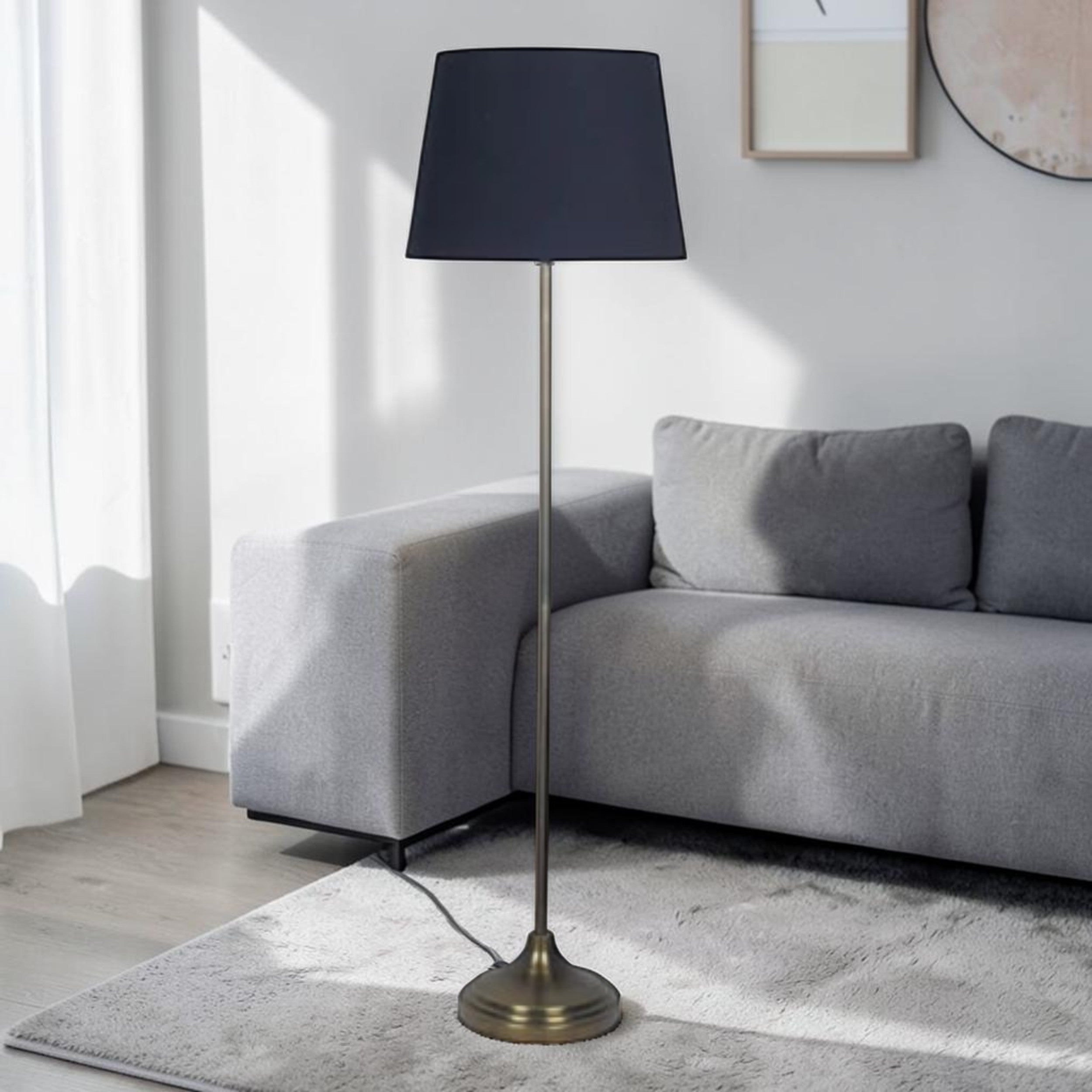 Modern Black Shade, Floor Lamp with Antique Brass Finish