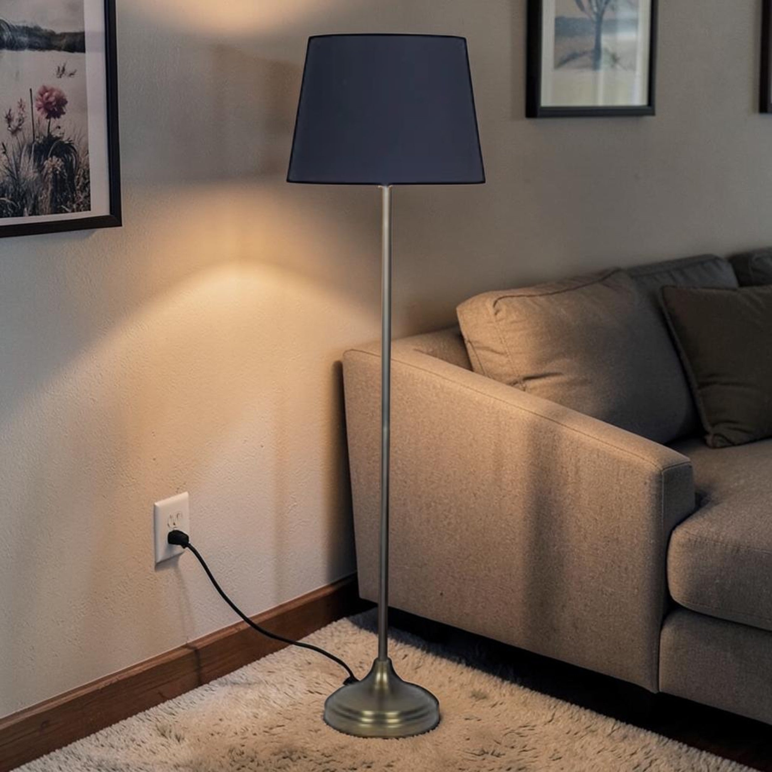 Modern Black Shade, Floor Lamp with Antique Brass Finish