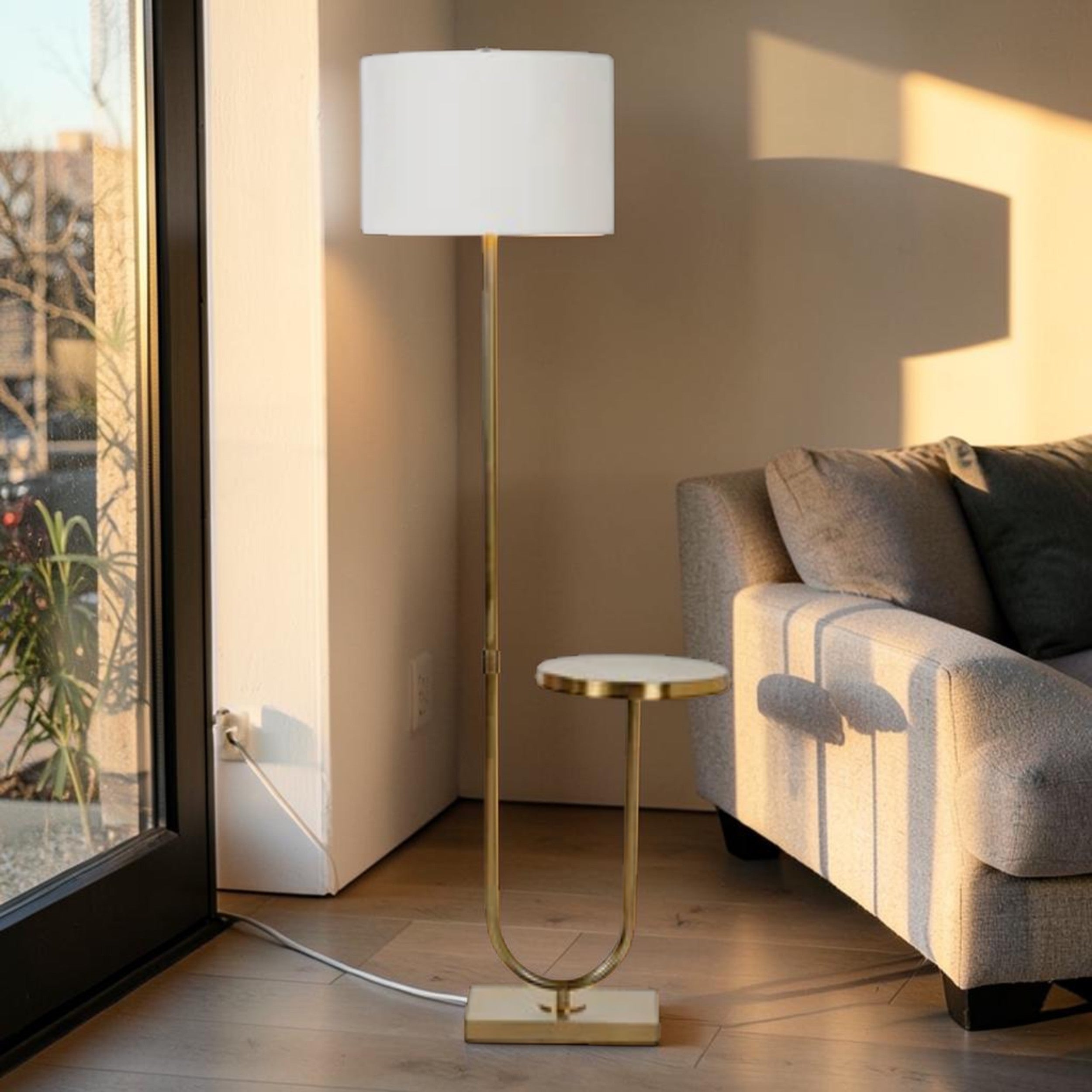 Floor Lamp with Built In Side Table in Antique Brass Finish