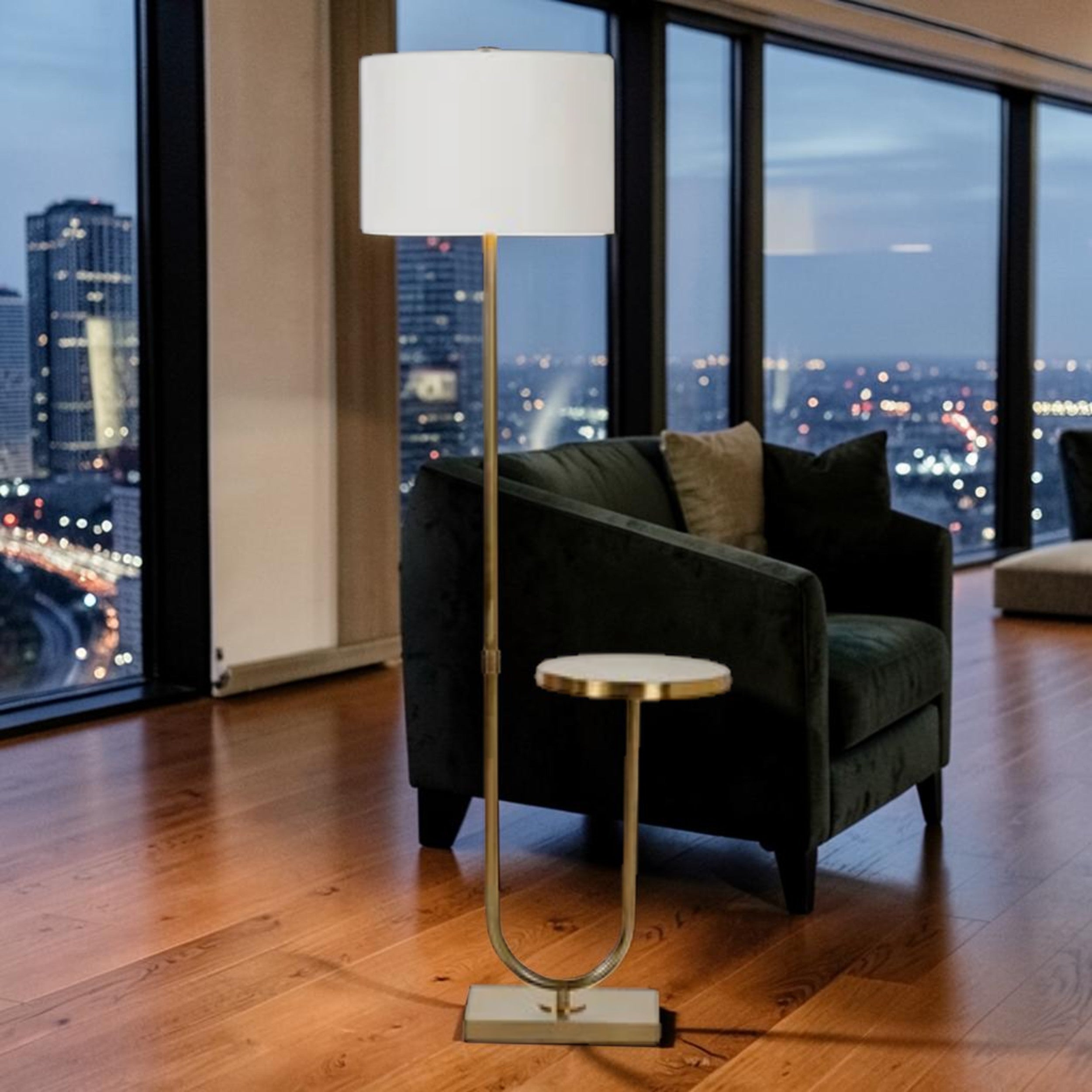 Floor Lamp with Built In Side Table in Antique Brass Finish