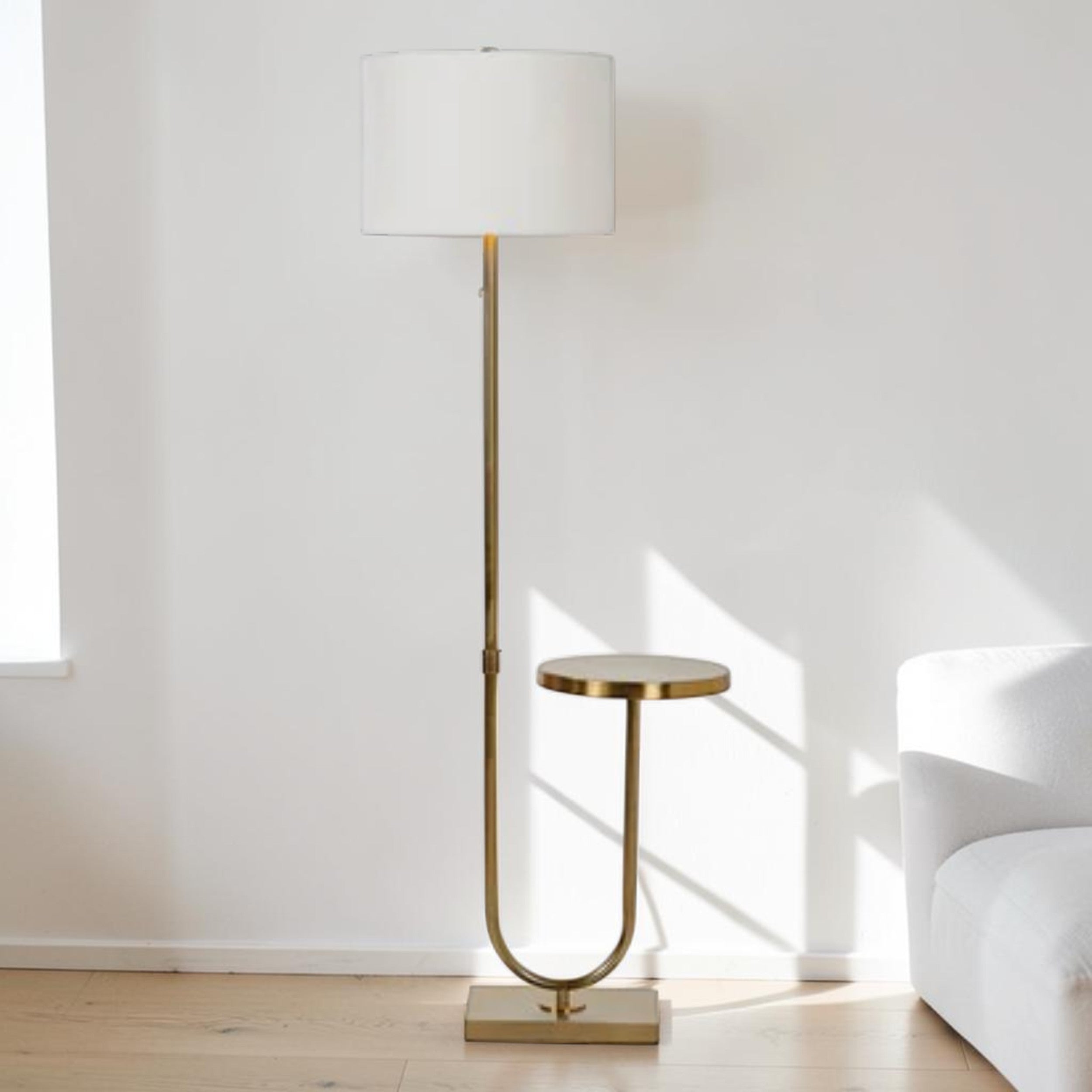 Floor Lamp with Built In Side Table in Antique Brass Finish