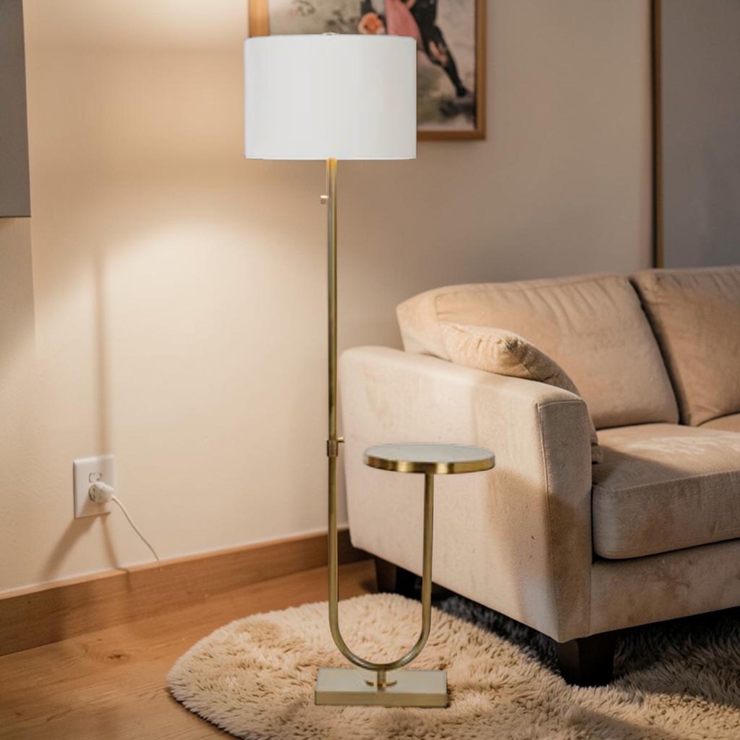 Floor Lamp with Built In Side Table in Antique Brass Finish