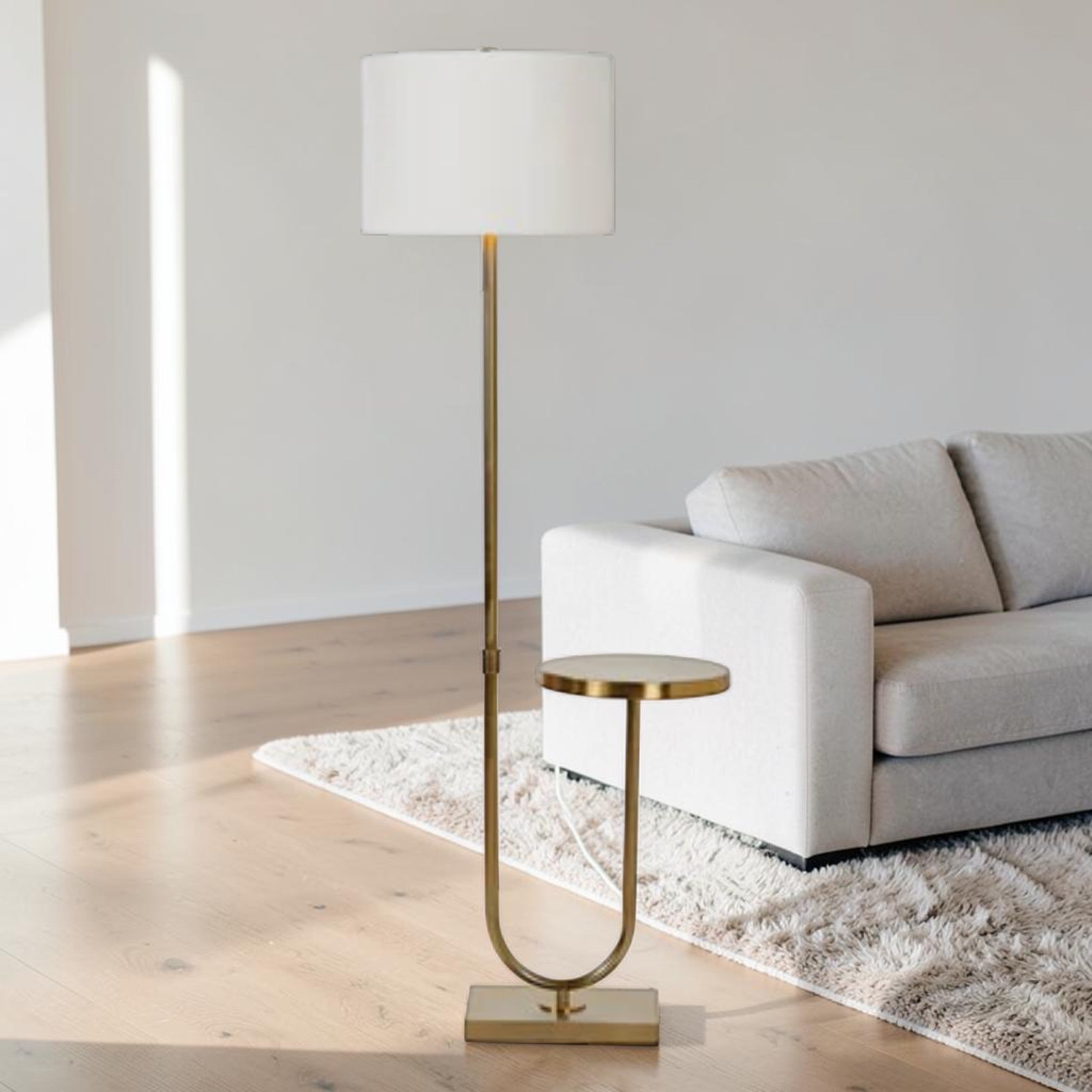 Floor Lamp with Built In Side Table in Antique Brass Finish