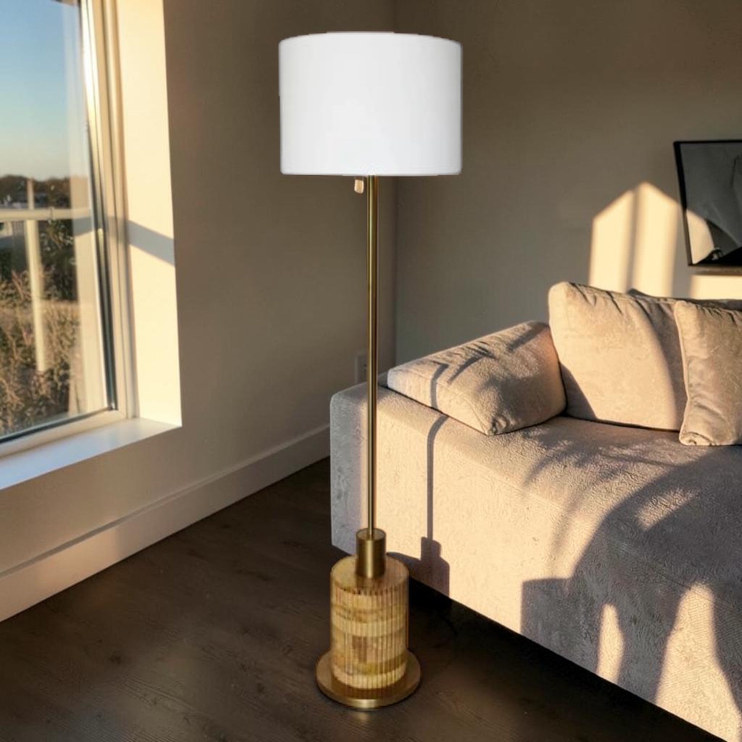 Wood Base, Floor Lamp with Brass Accents