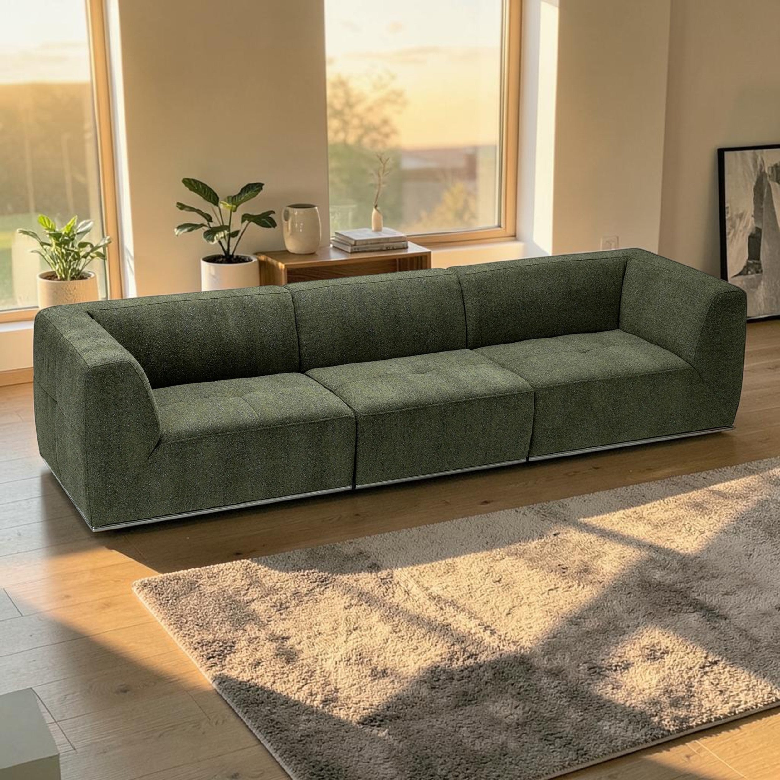 Modern Moss Green, Living Room Sofa with Nickel Base