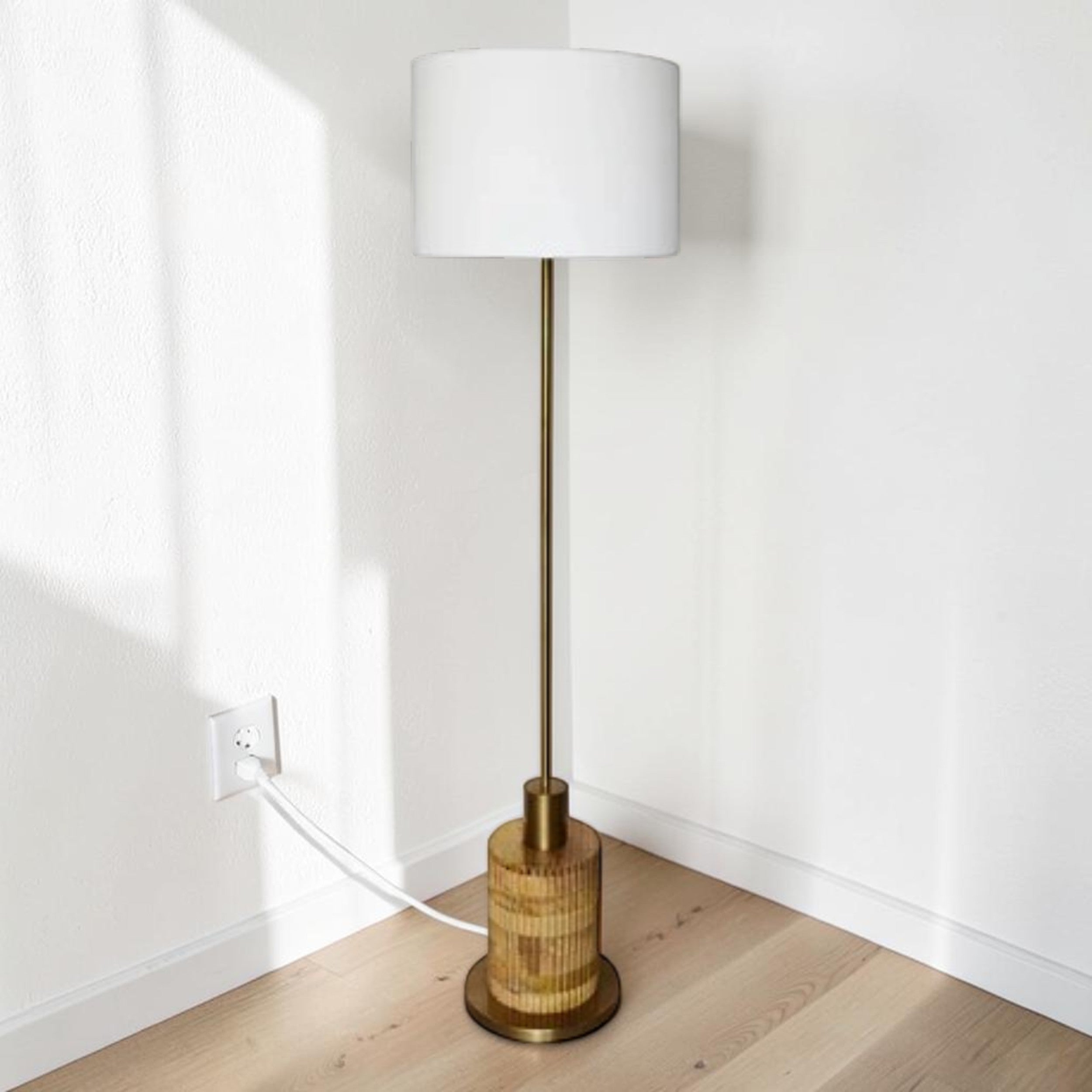 Wood Base, Floor Lamp with Brass Accents