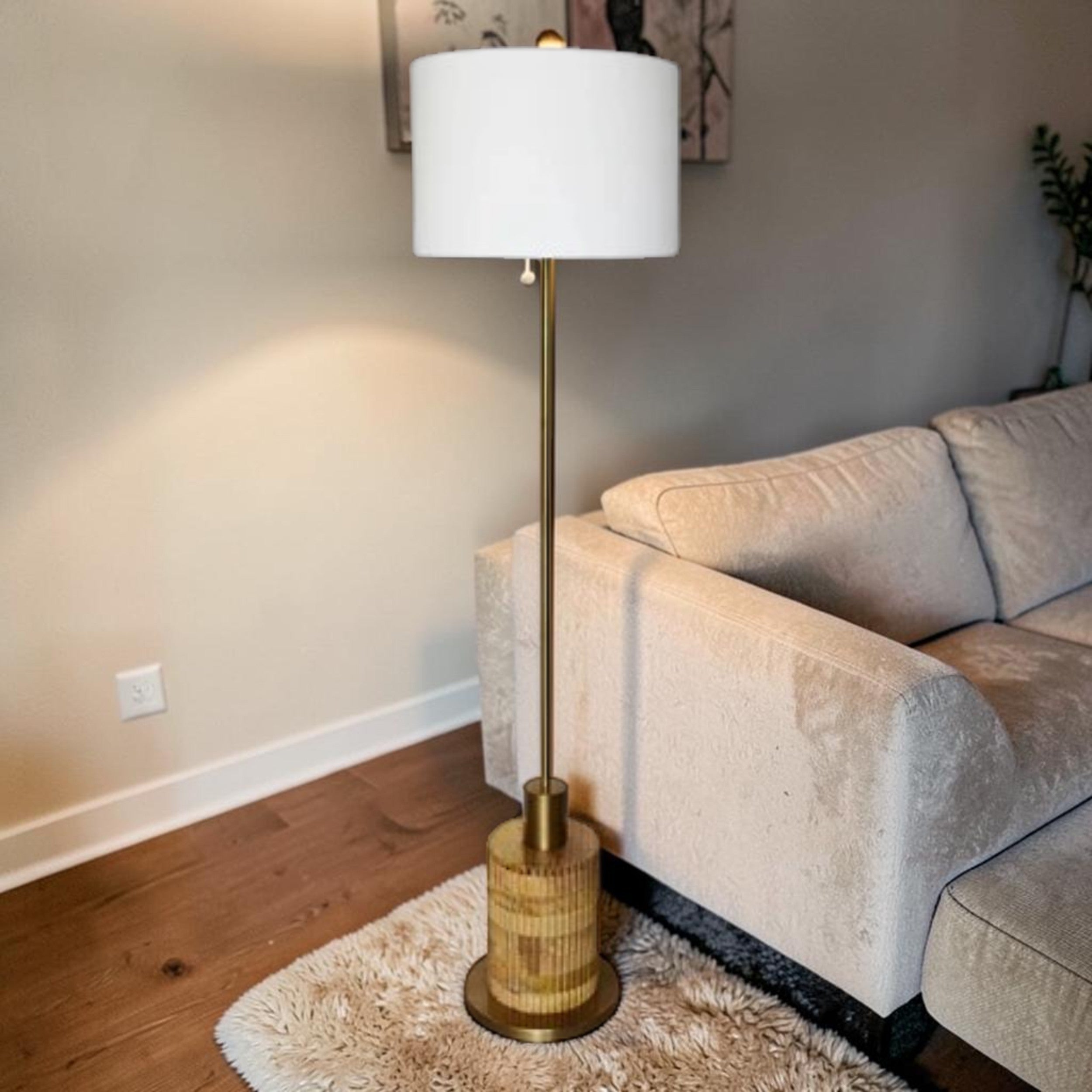 Wood Base, Floor Lamp with Brass Accents