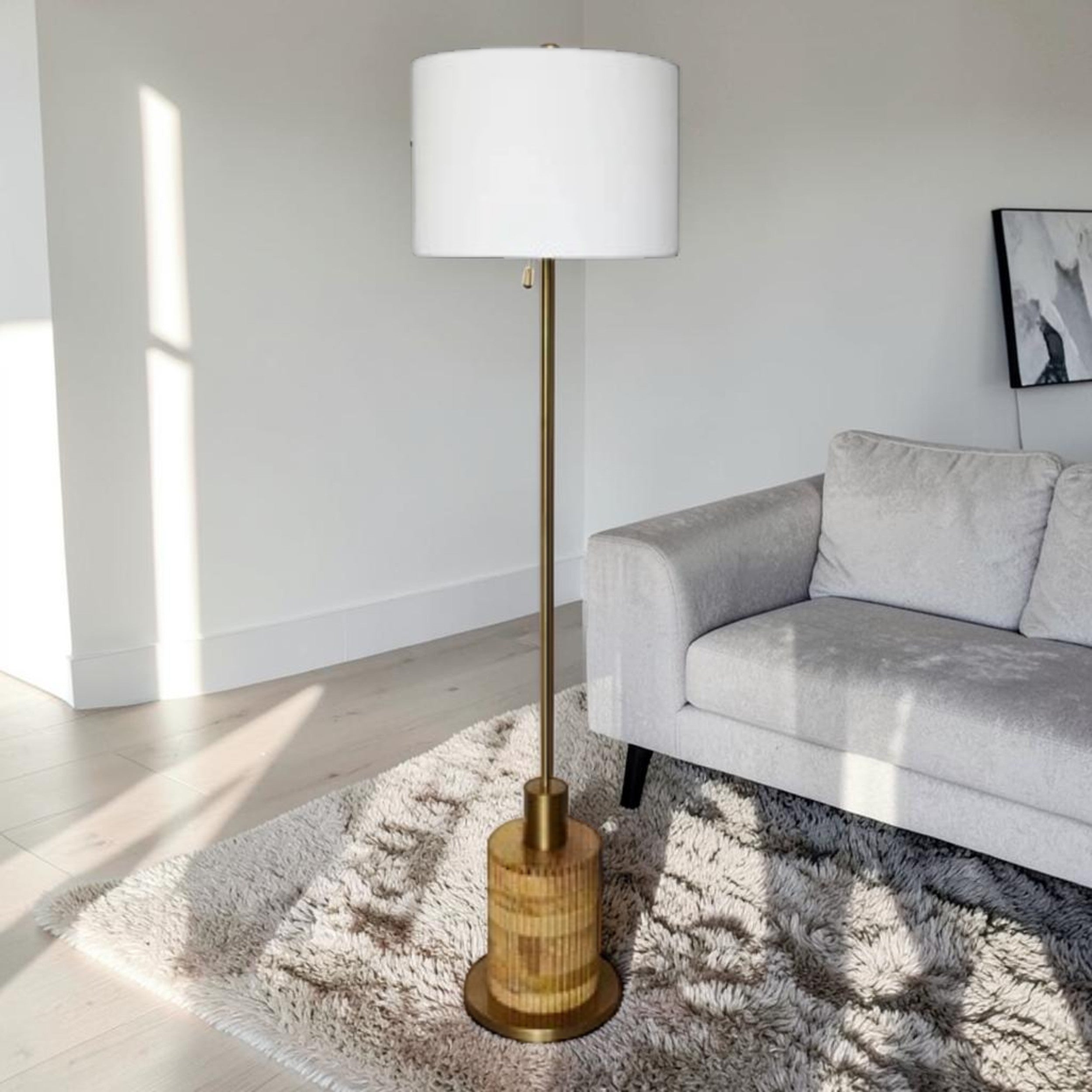 Wood Base, Floor Lamp with Brass Accents
