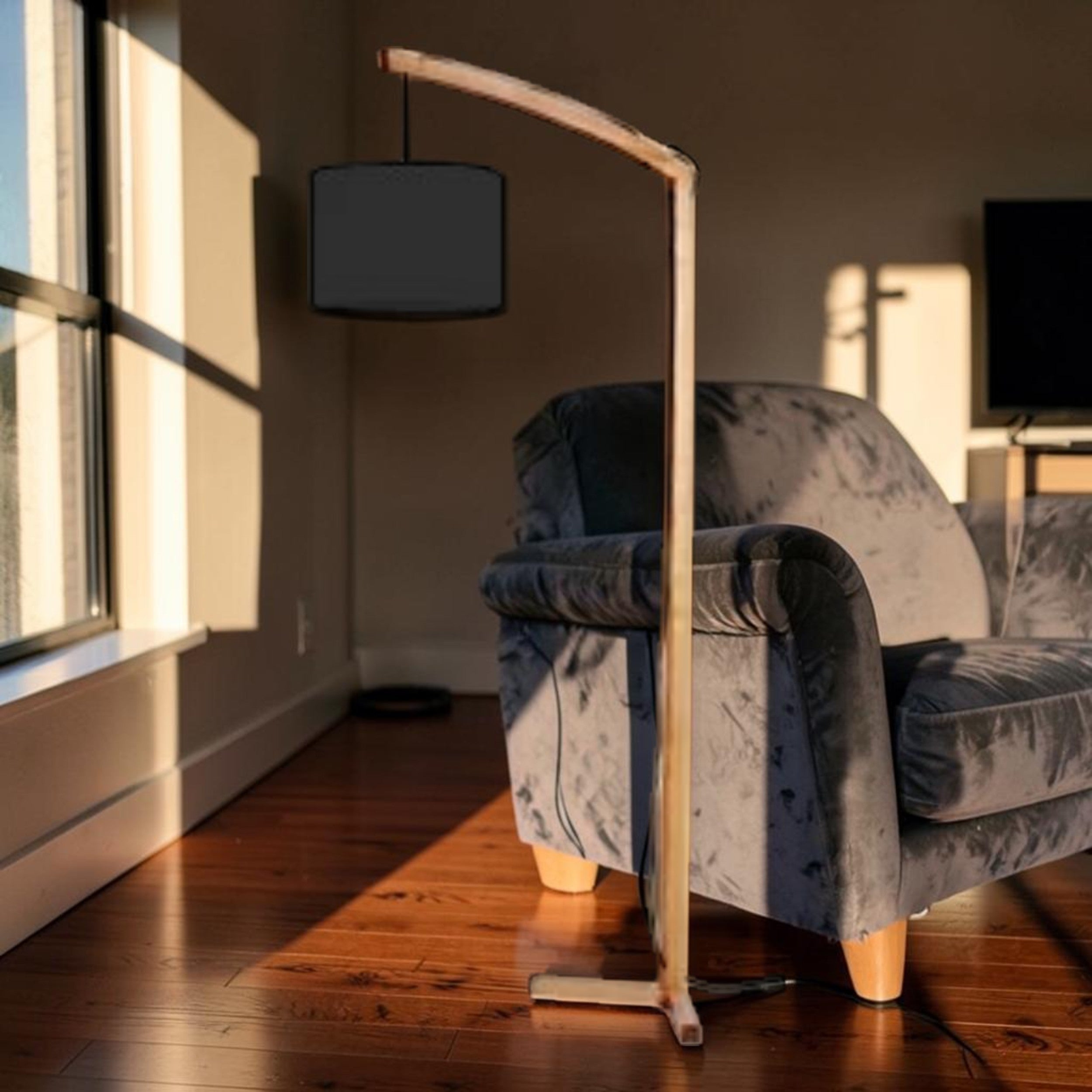 Natural Wood, Floor Lamp with Black Shade