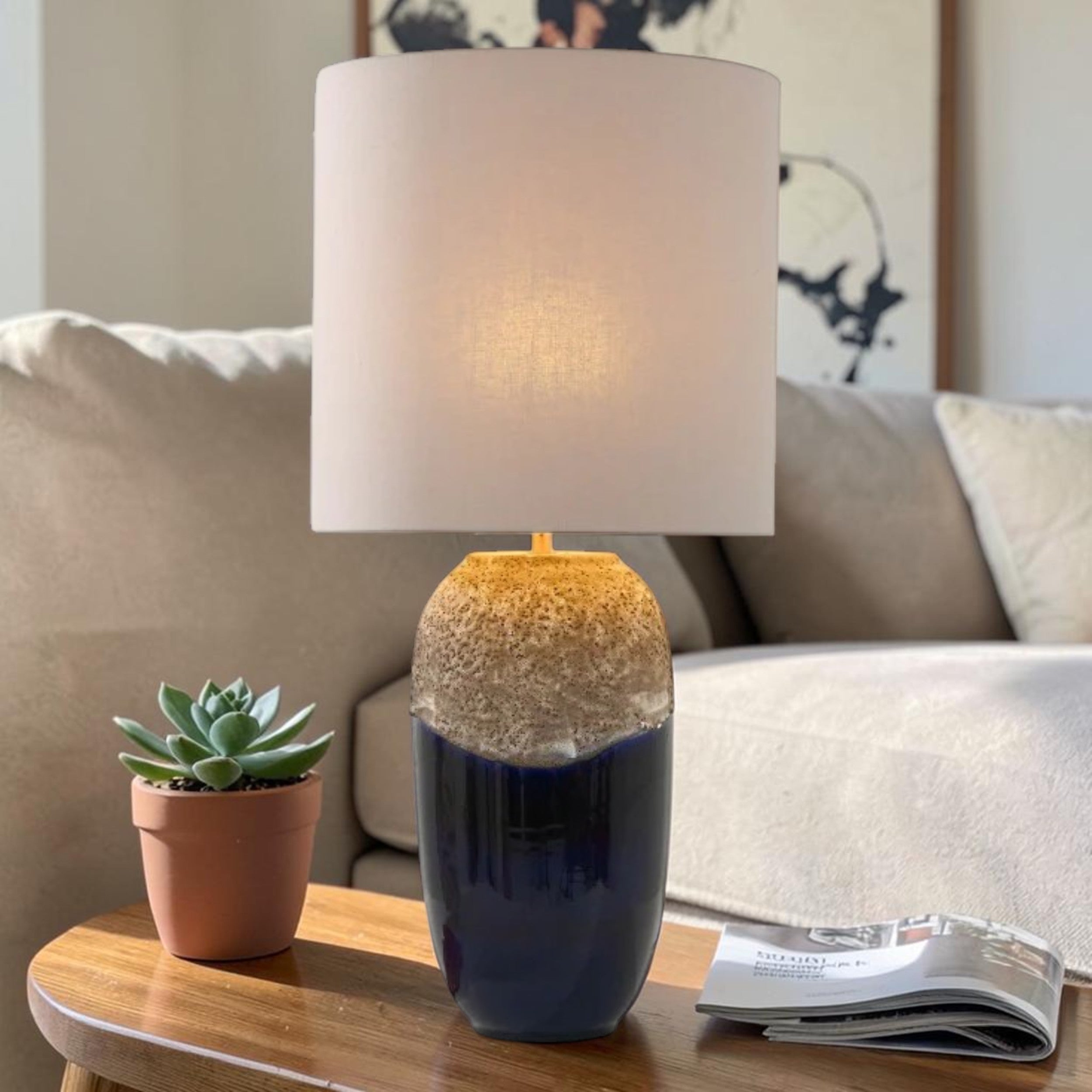 Vintage Ceramic, Table Lamp with Blue Glazed Base