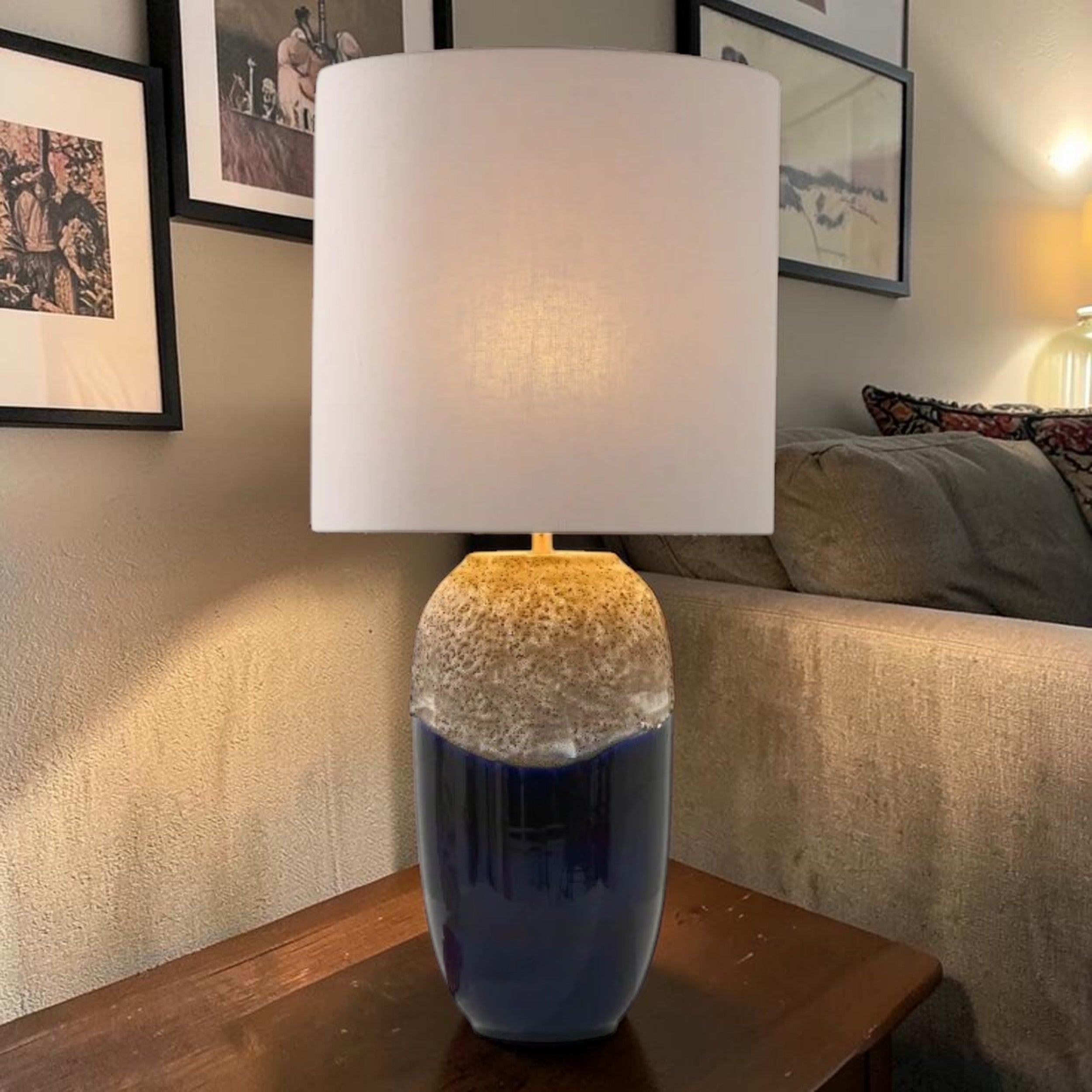 Vintage Ceramic, Table Lamp with Blue Glazed Base