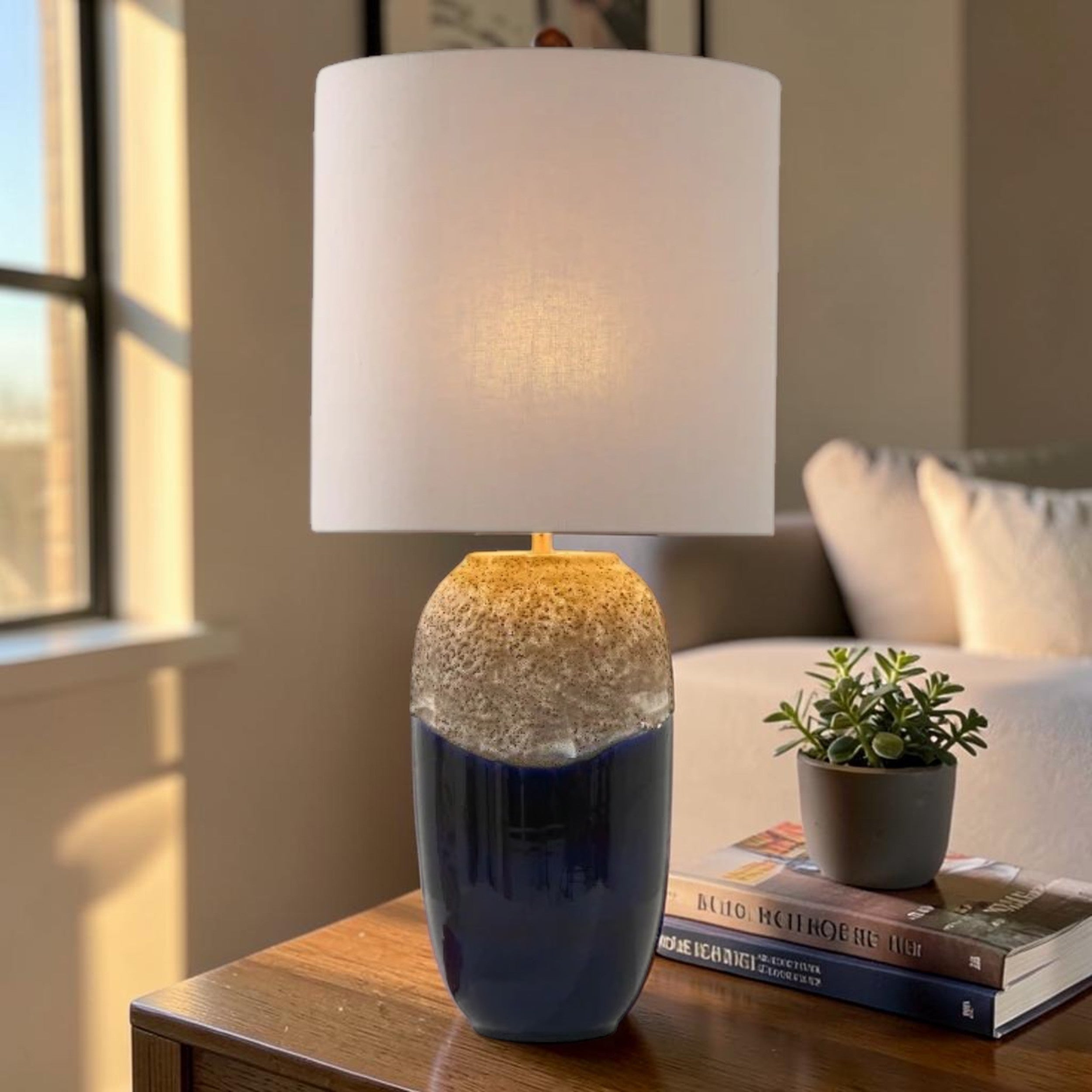 Vintage Ceramic, Table Lamp with Blue Glazed Base