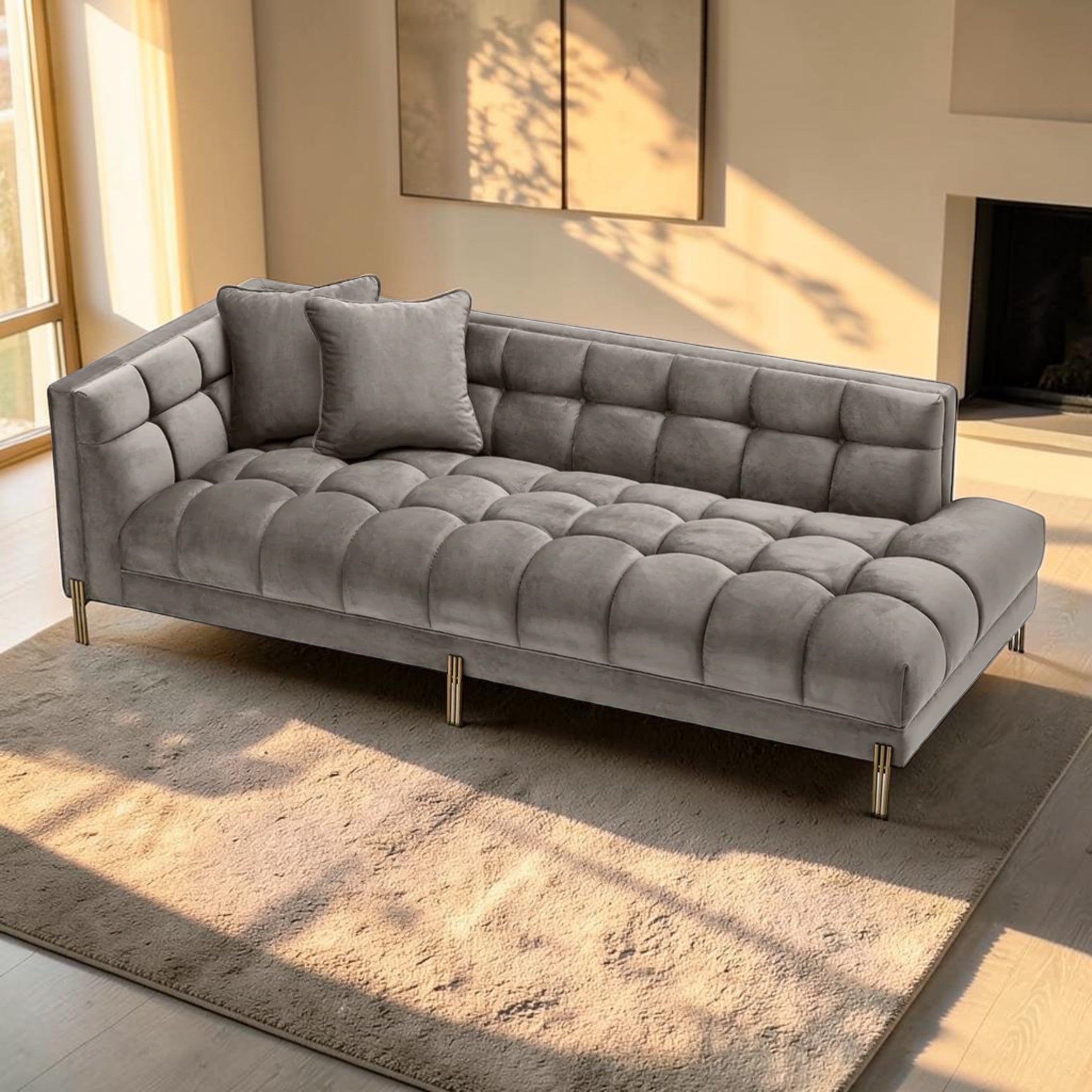 Tufted Gray Velvet, Living Room Lounge Sofa with Gold Legs