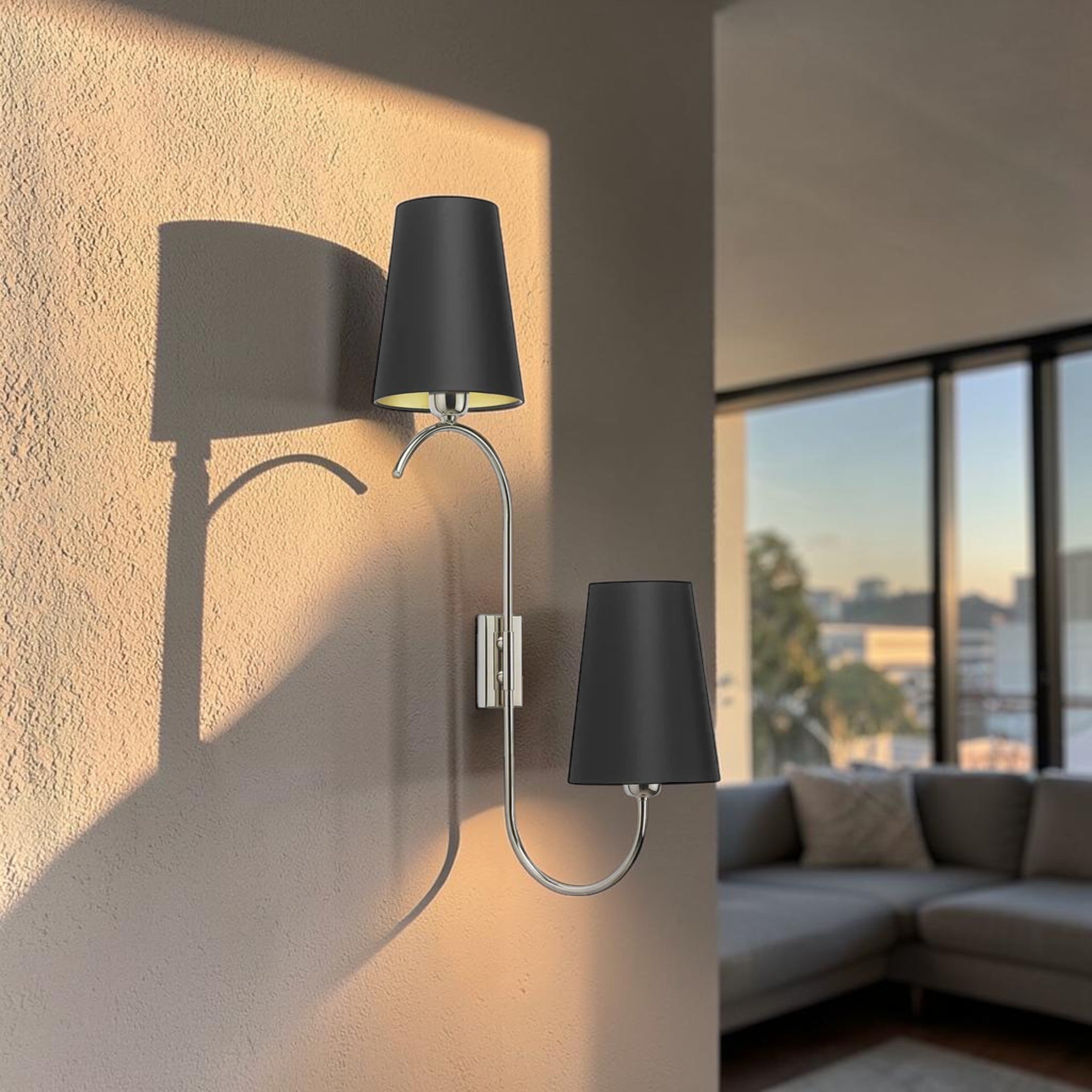 Dual Arm, Wall Light with Black Drum Shades