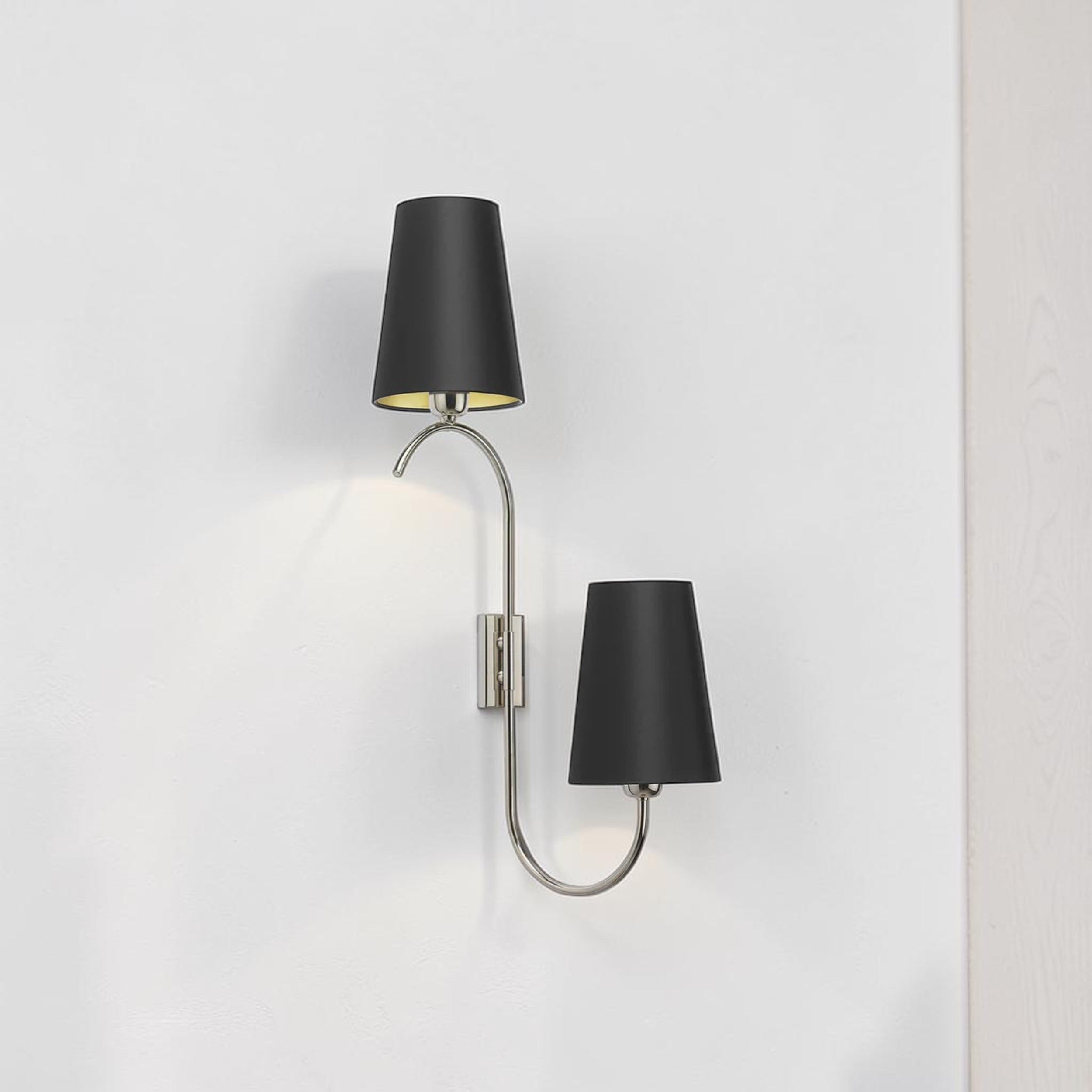 Dual Arm, Wall Light with Black Drum Shades