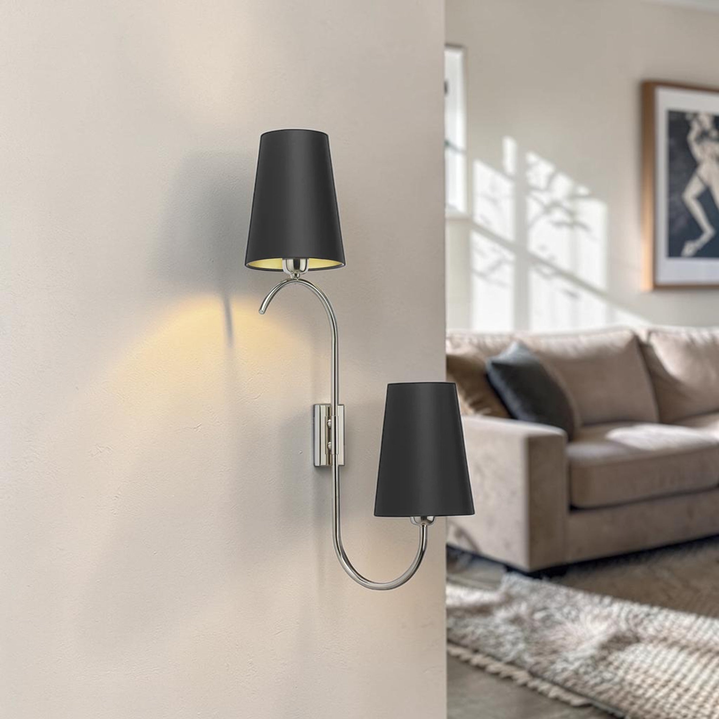 Dual Arm, Wall Light with Black Drum Shades